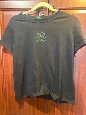 Black Tee with Green Rhinestone Clover